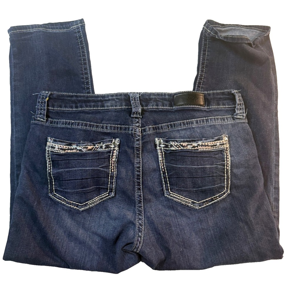 Y2K Rhinestone Embroidered Jeans Womens 30 Low Rise Barrel Dark Indigo Embellish